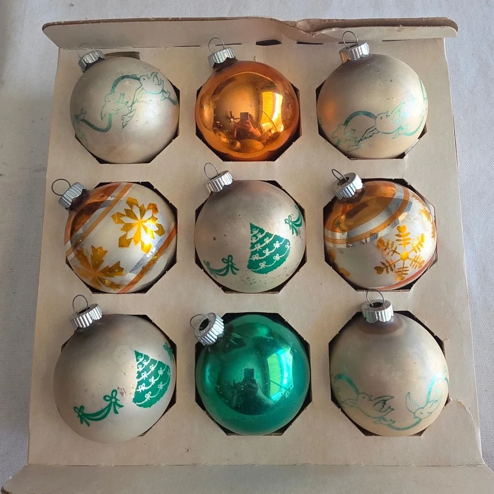VTG Shiny Brite Glass Christmas Ornaments Set 9 Stenciled Orange & Green in Box